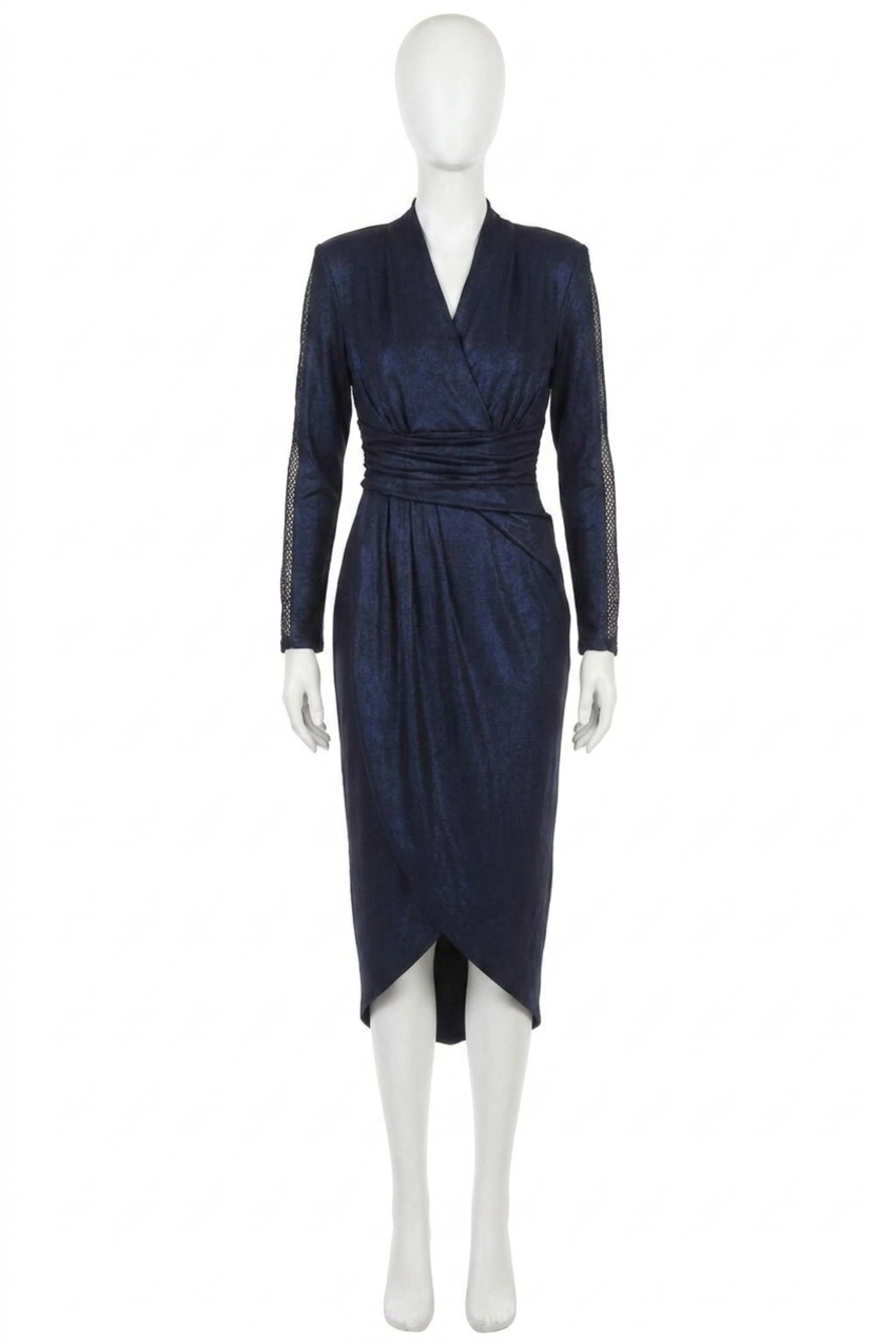 NEW JOSEPH RIBKOFF foiled knit mesh insert midi dress in navy